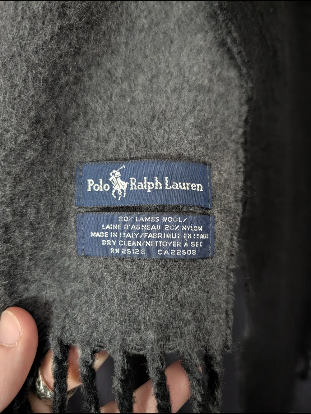 Polo Ralph Lauren Vintage Made In Italy Black/Gray Lambswool Fleece Fringe Scarf